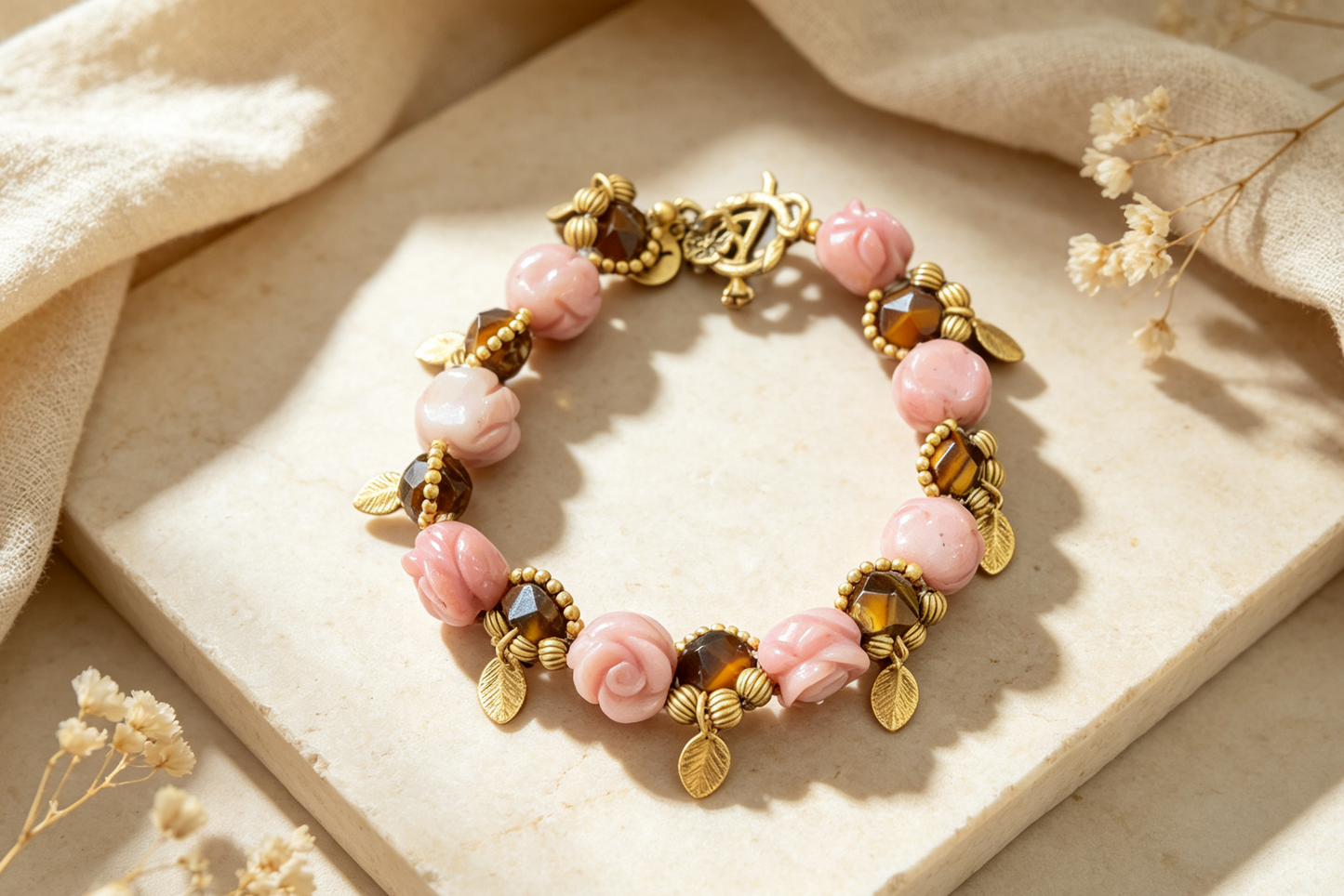 Pink Rose & Tiger's Eye Bracelet